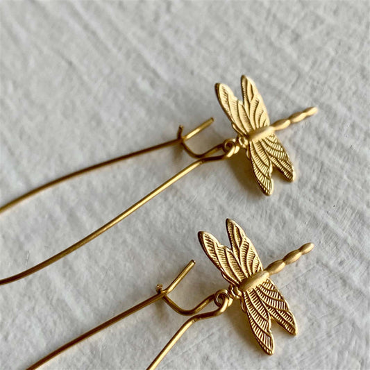 Wisp Raw Brass Dragonfly Drop Earrings