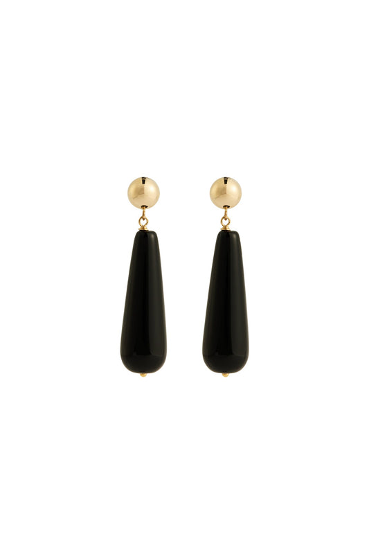 Pair of black teardrop earrings with gold tops on a white background