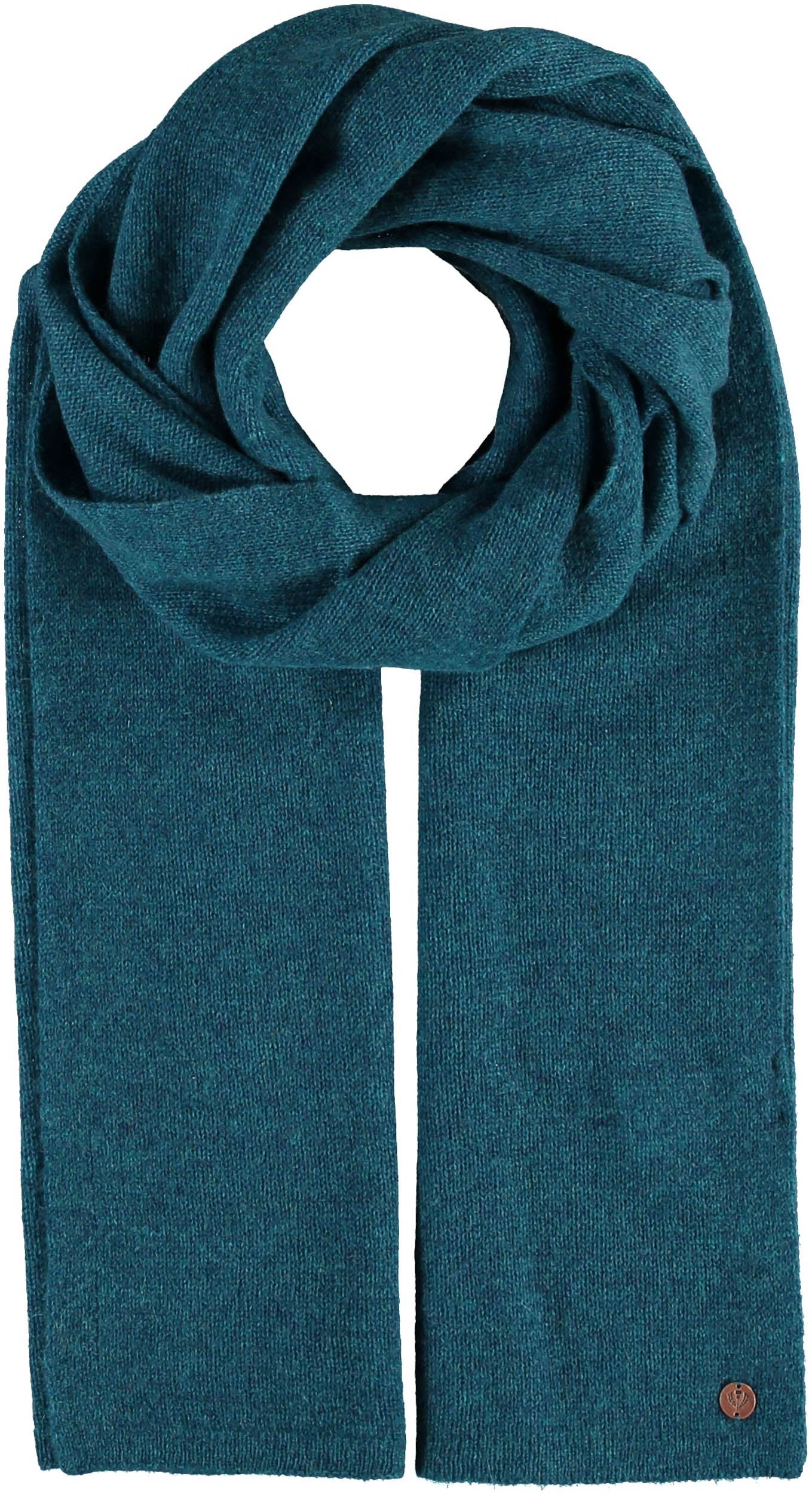 Teal scarf with a brand logo on a white background