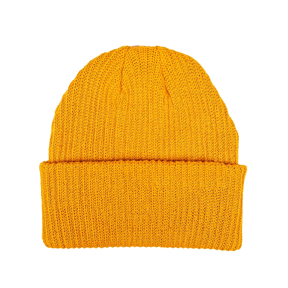 Yellow knit beanie on a white background