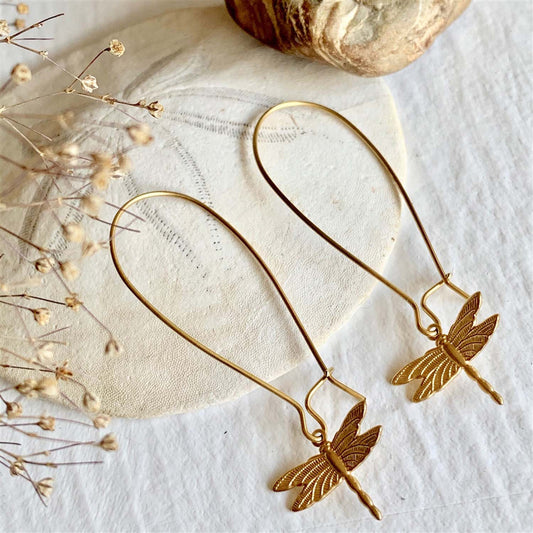 Wisp Raw Brass Dragonfly Drop Earrings