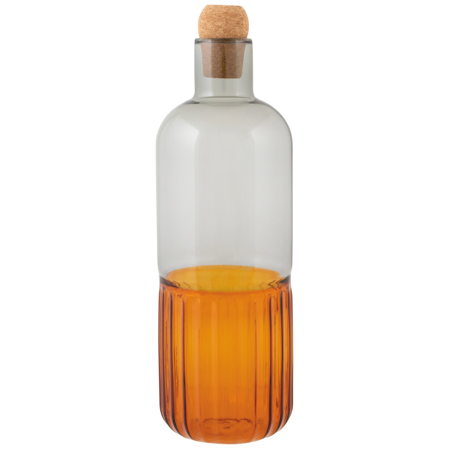 Two-toned glass bottle with cork stopper on a white background
