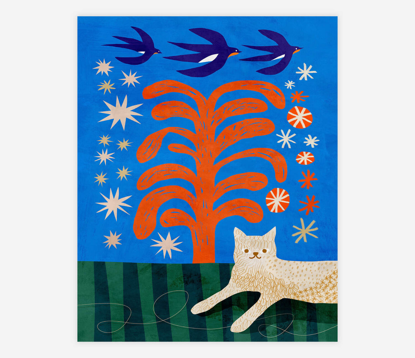 Cat and Swallows Giclee Print 8x10