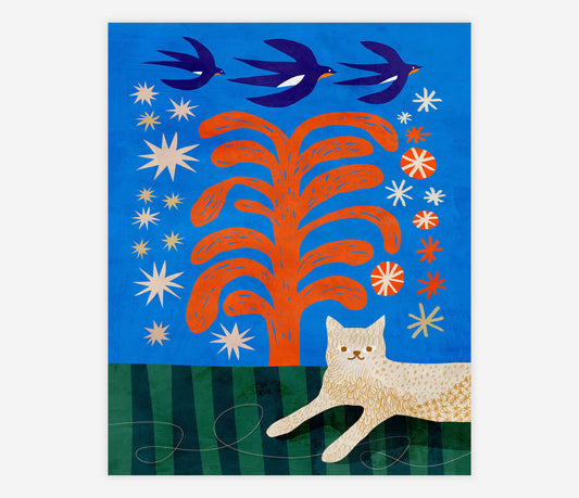 Cat and Swallows Giclee Print 8x10