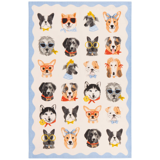A tea towel with various illustrated dogs wearing sunglasses and other accessories on a light background with a blue border.